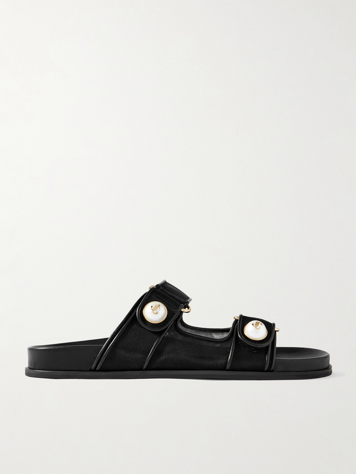 Jimmy Choo Fayence Leather-trimmed Faux Pearl-embellished Mesh Slides