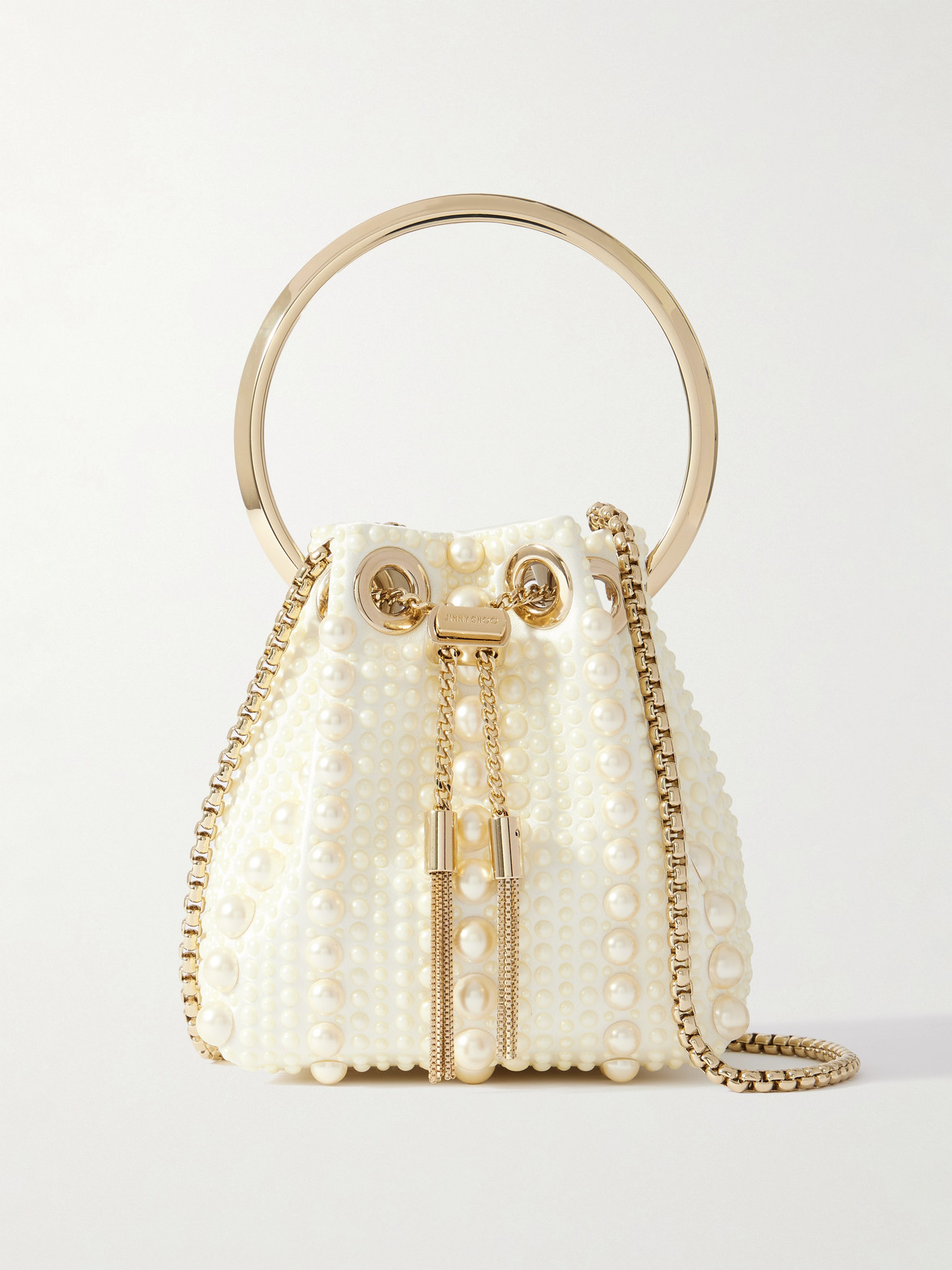 Jimmy Choo Bon Bon Micro Faux Pearl-embellished Satin Bucket Bag