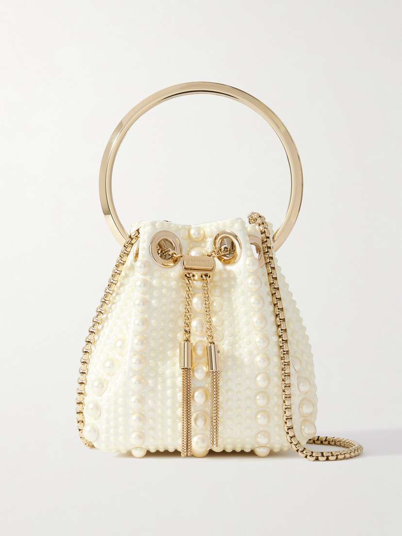 Jimmy Choo Bon Bon Micro Faux Pearl-embellished Satin Bucket Bag