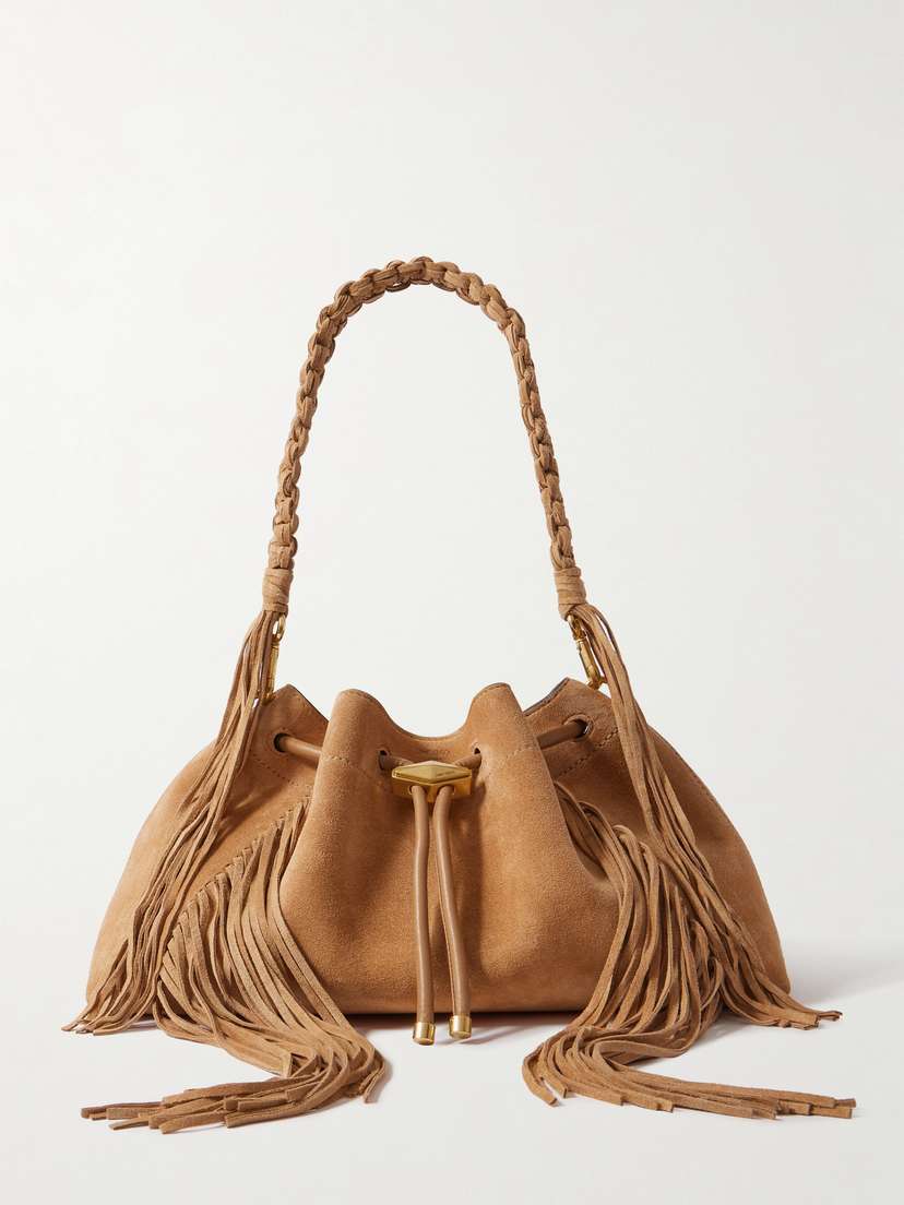 Jimmy Choo Bon Bon Cinch Medium Embellished Fringed Suede Bucket Bag