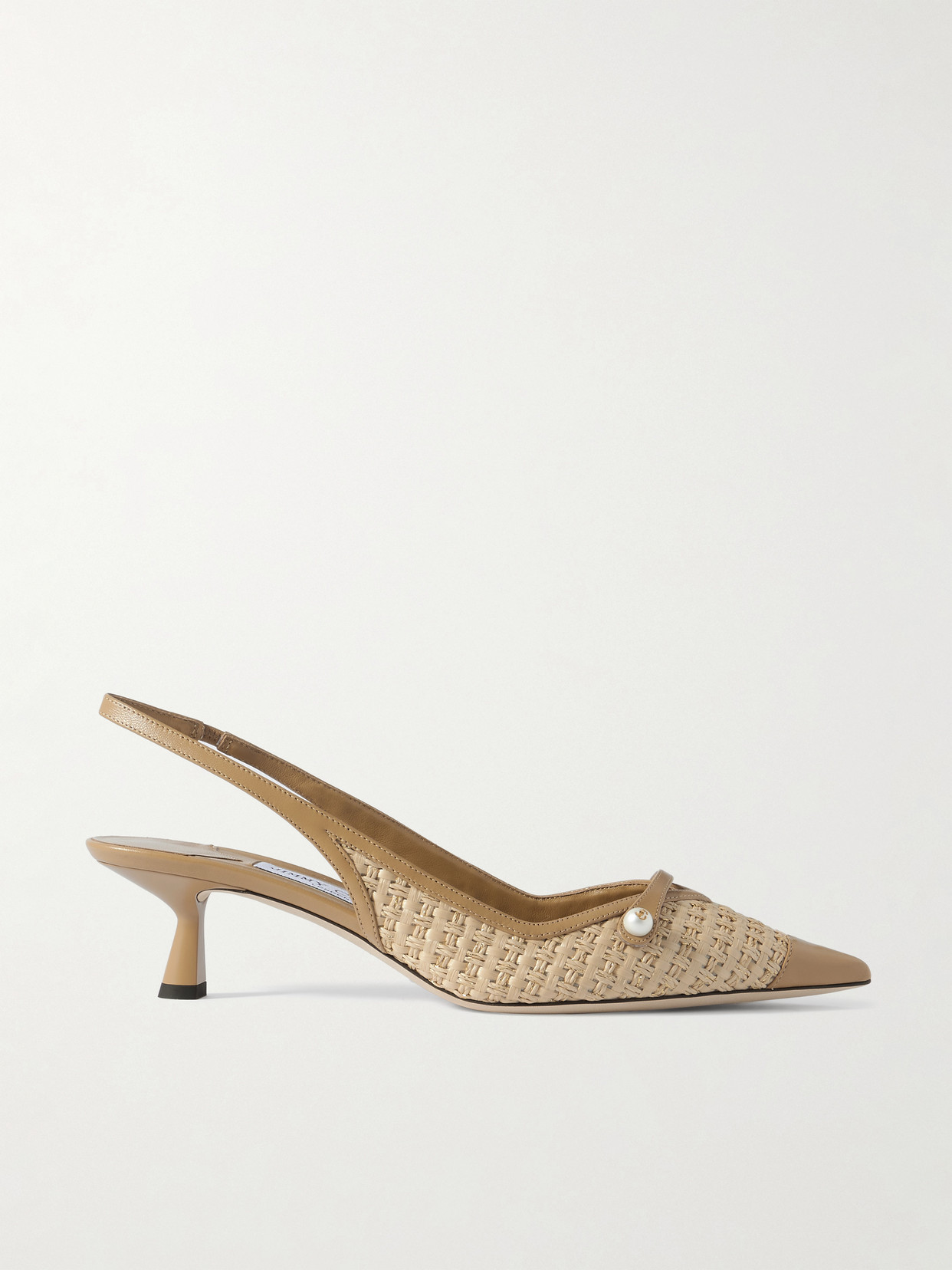 Shop Jimmy Choo Amita 45 Faux Pearl-embellished Leather-trimmed Raffia Slingback Pumps