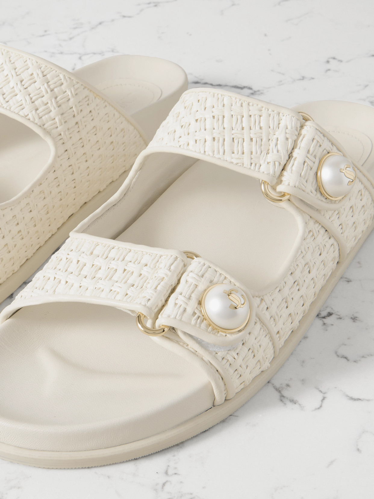 Jimmy Choo Fayence Faux Pearl-embellished Raffia Slides