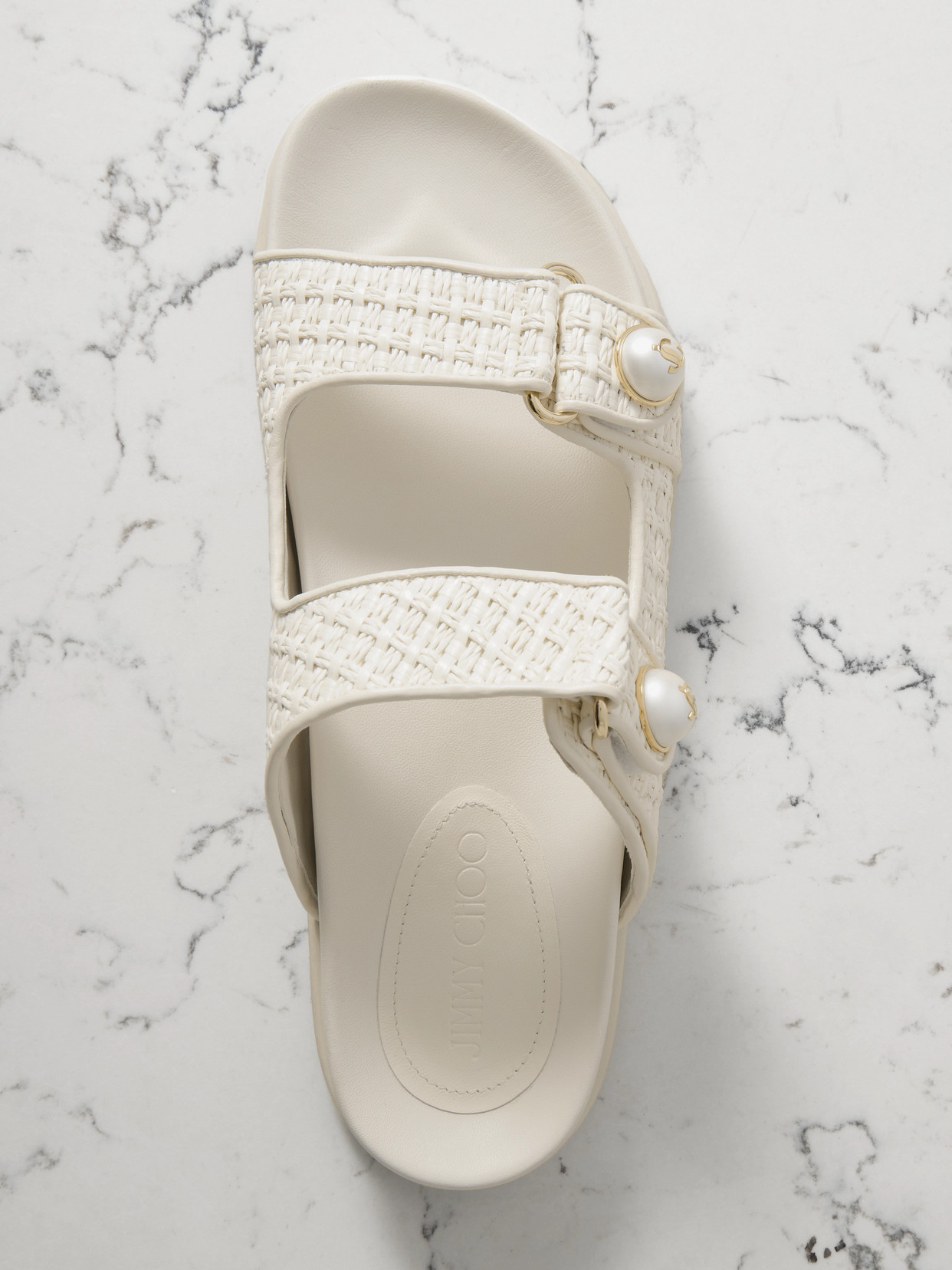 Jimmy Choo Fayence Faux Pearl-embellished Raffia Slides