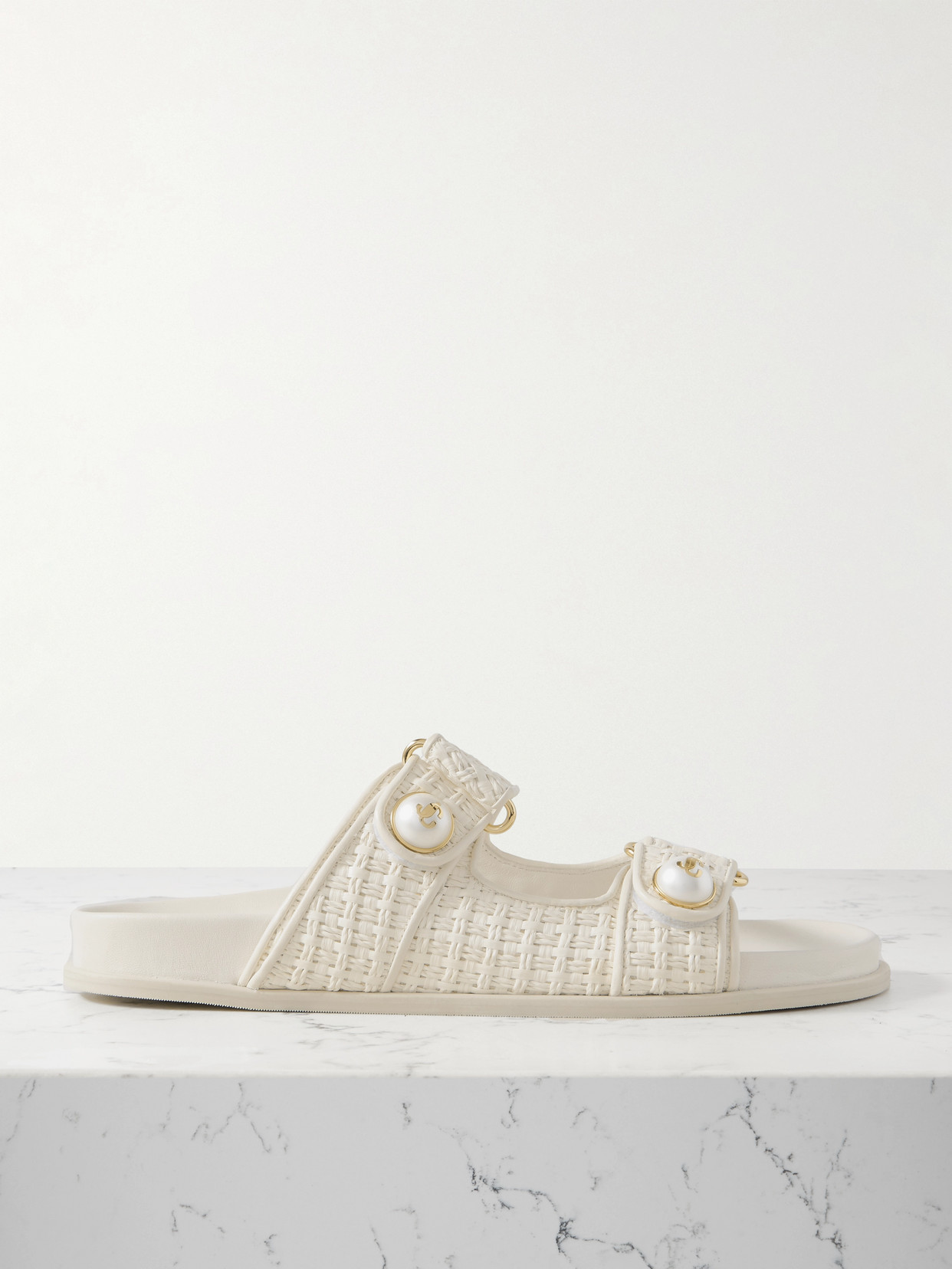 Jimmy Choo Fayence Faux Pearl-embellished Raffia Slides