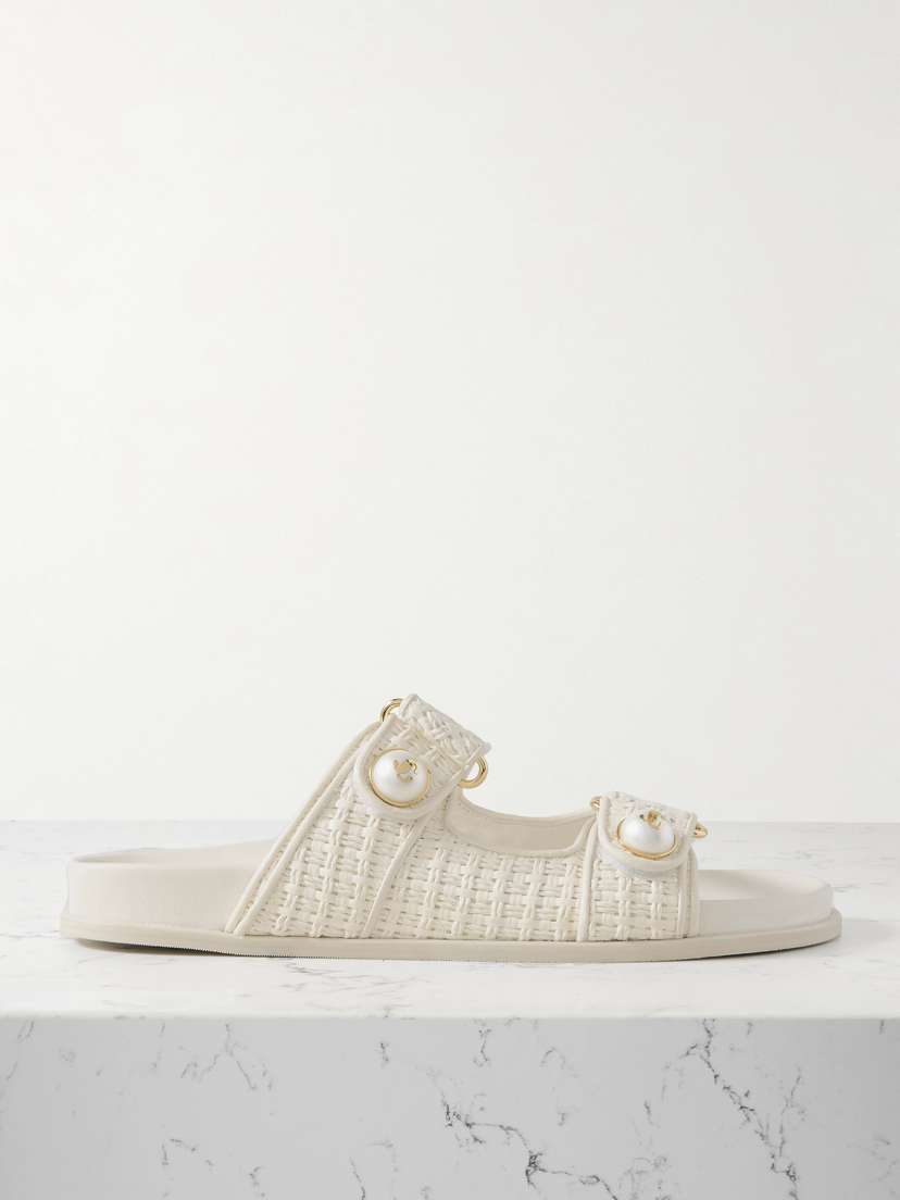 Jimmy Choo Fayence Faux Pearl-embellished Raffia Slides