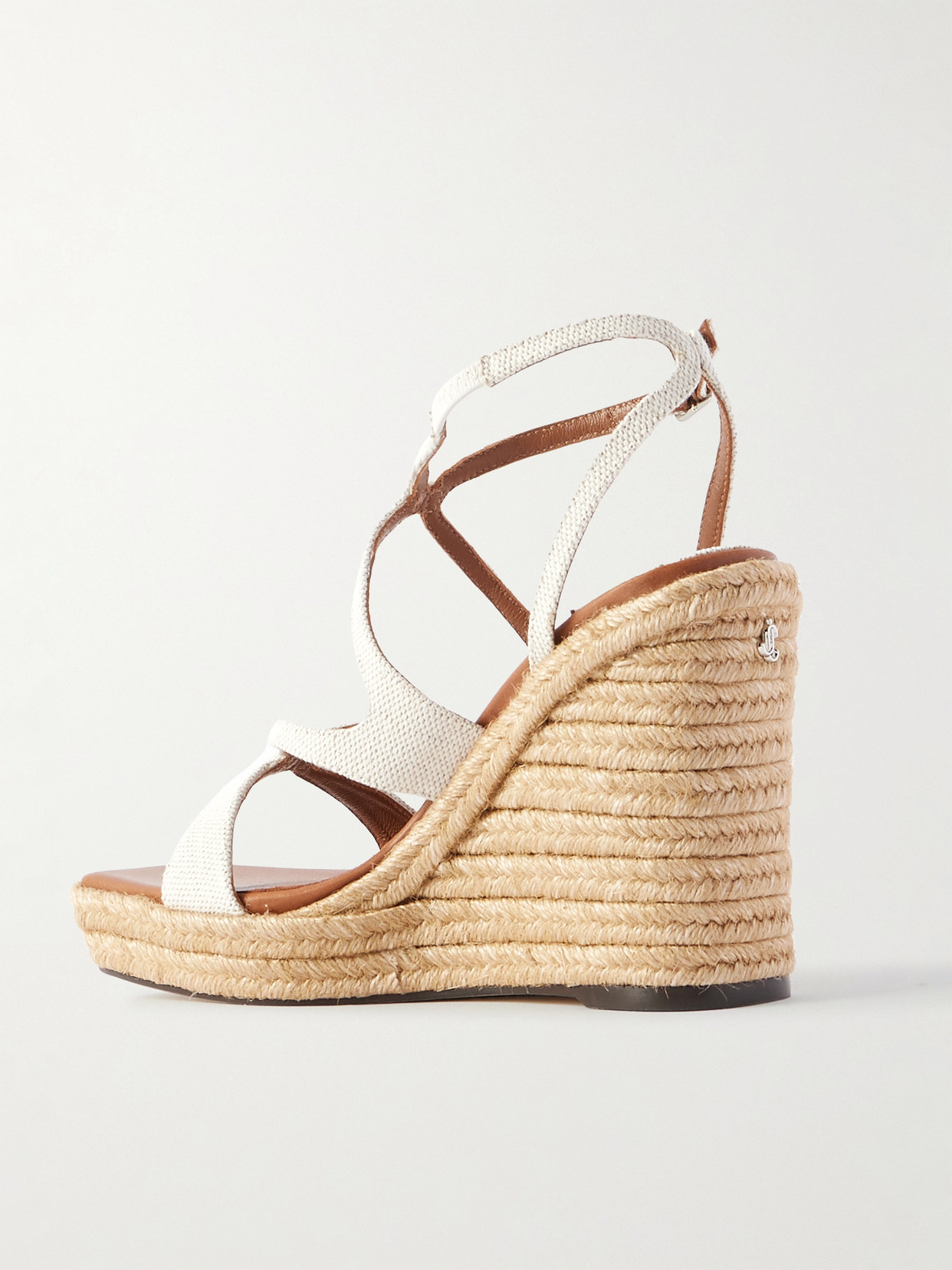 JIMMY CHOO AYLA 110 LEATHER-TRIMMED CANVAS ESPADRILLE WEDGE SANDALS