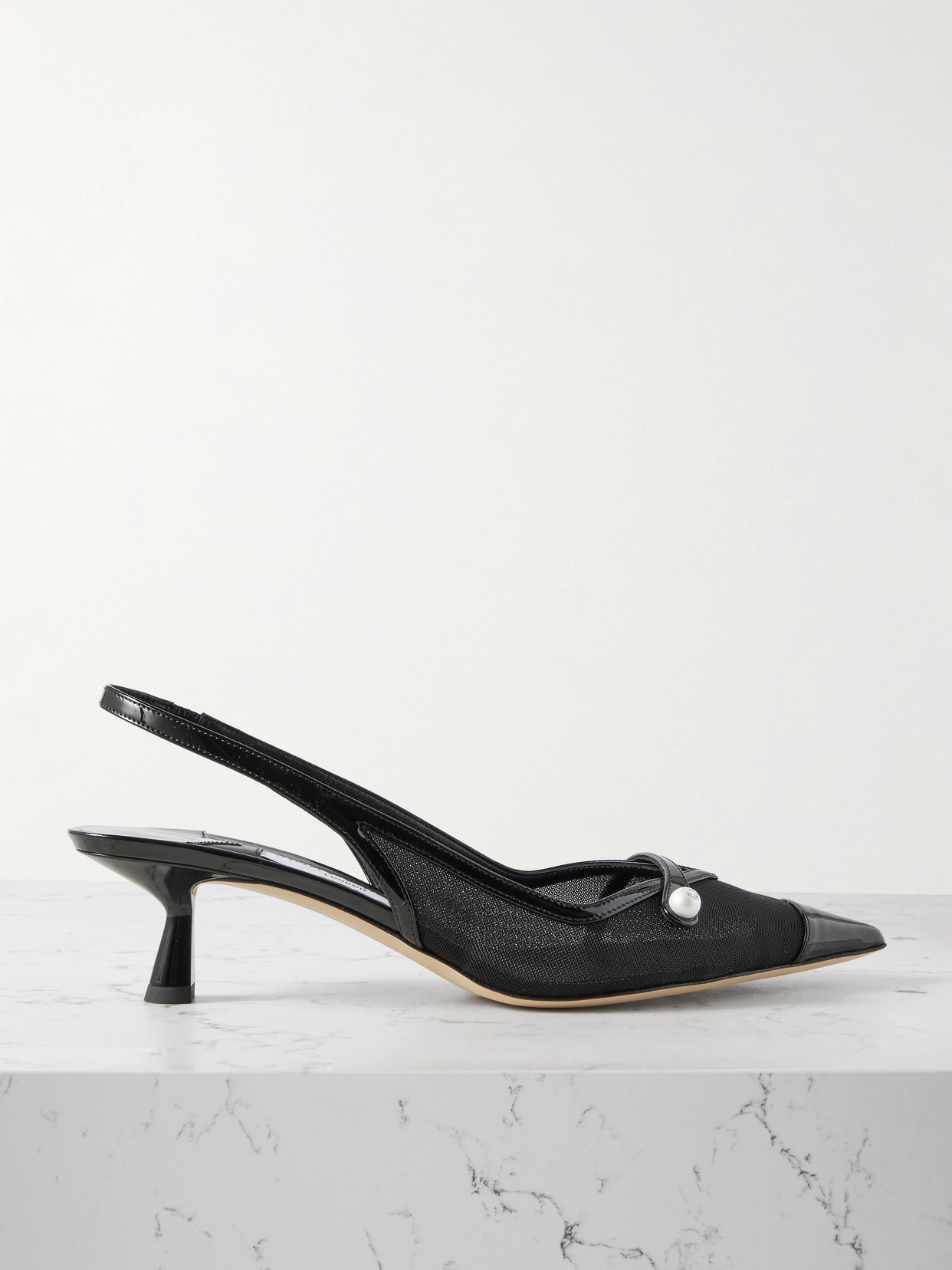 Jimmy Choo Amita 45 Faux Pearl-embellished Leather-trimmed Mesh Slingback Pumps In Black