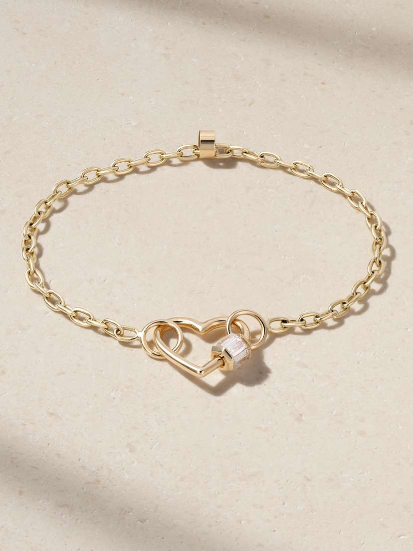 Marla Aaron Baguette Baby Heart Lock + Pulley Chain 14-karat Gold Diamond Bracelet