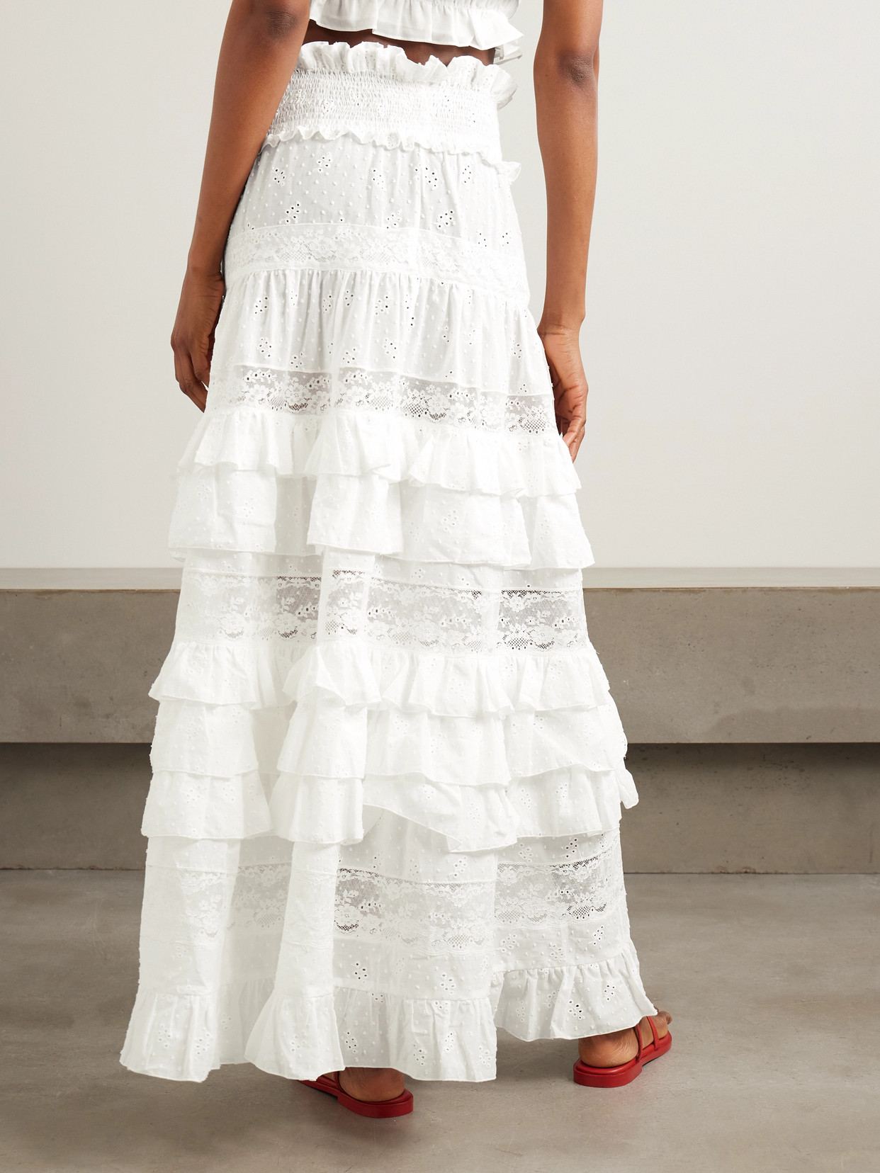 Loretta Caponi Tina Tiered Ruffled Lace-trimmed Broderie Anglaise Cotton Maxi Skirt