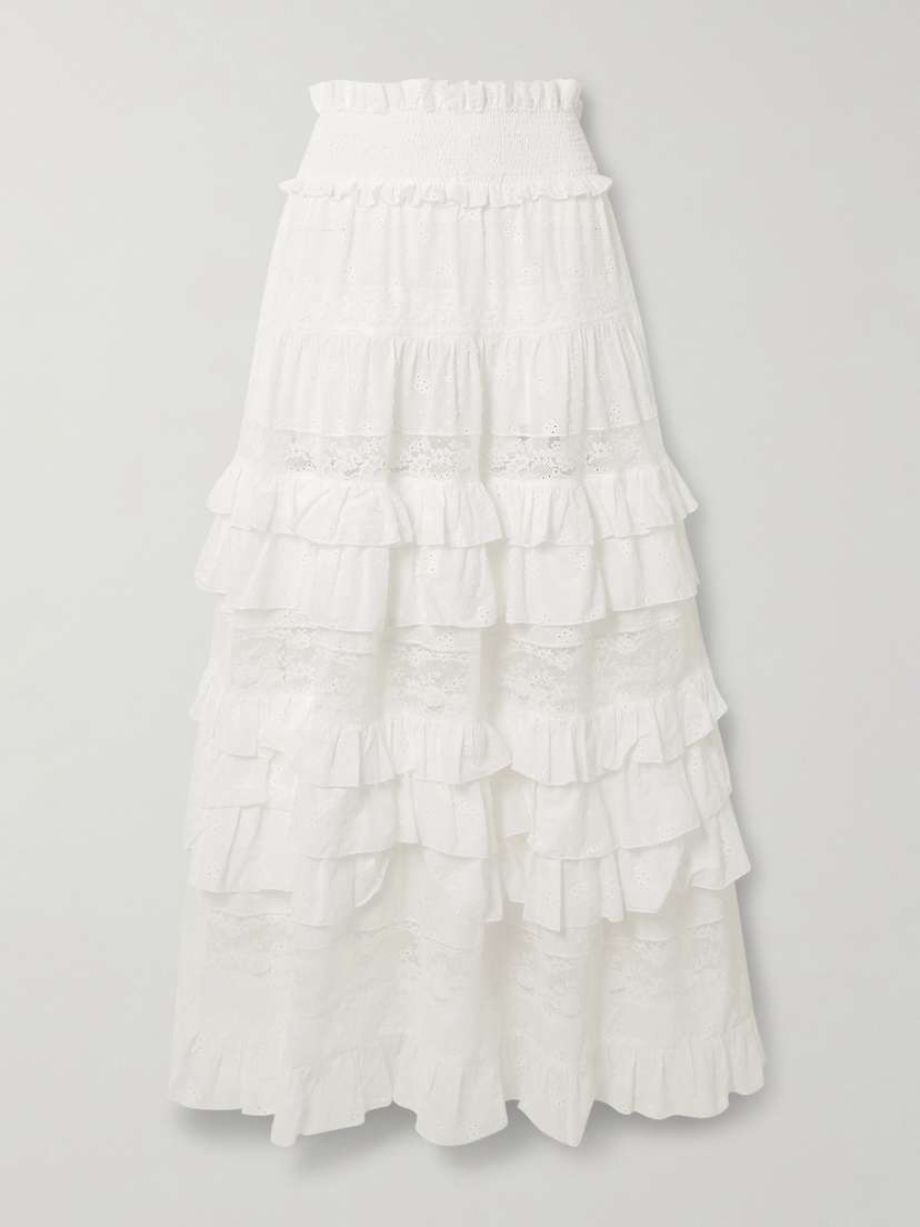 Loretta Caponi Tina Tiered Ruffled Lace-trimmed Broderie Anglaise Cotton Maxi Skirt