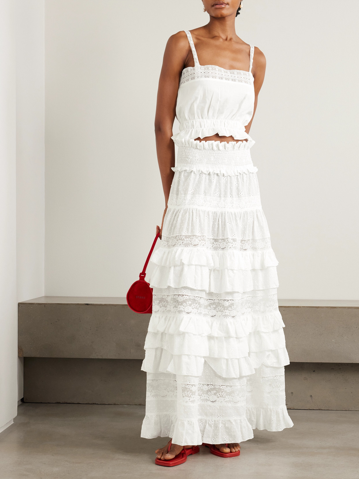 Loretta Caponi Tina Tiered Ruffled Lace-trimmed Broderie Anglaise Cotton Maxi Skirt