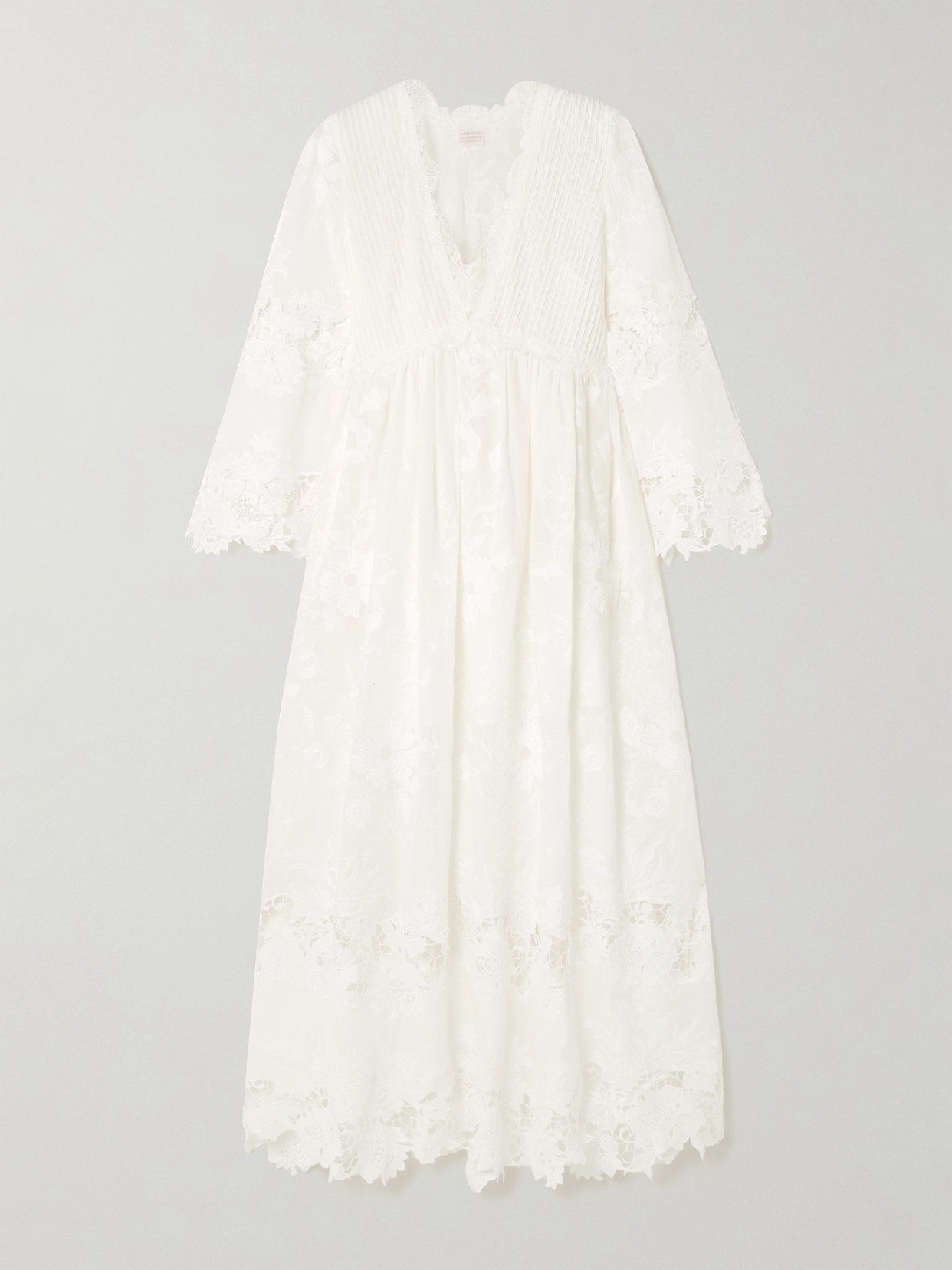 Loretta Caponi Capoliveri Pintucked Embroidered Cotton-voile And Lace Maxi Dress In White