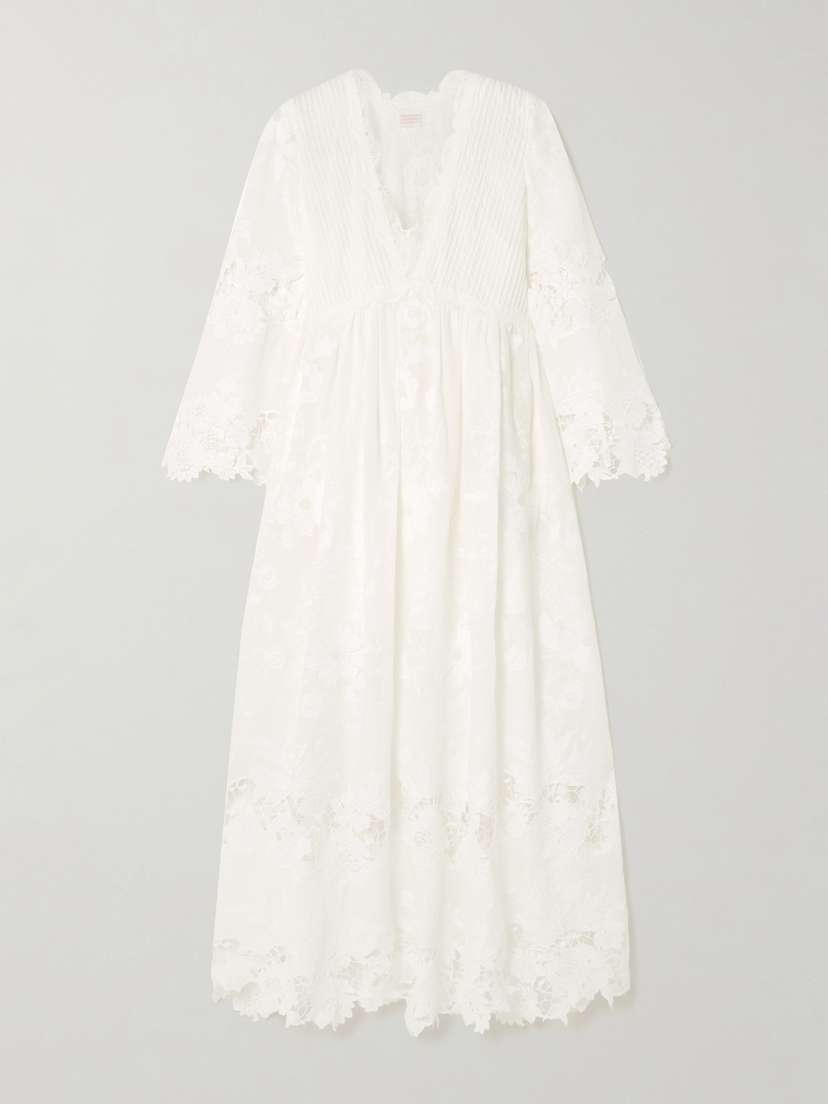 Loretta Caponi Capoliveri Pintucked Embroidered Cotton-voile And Lace Maxi Dress
