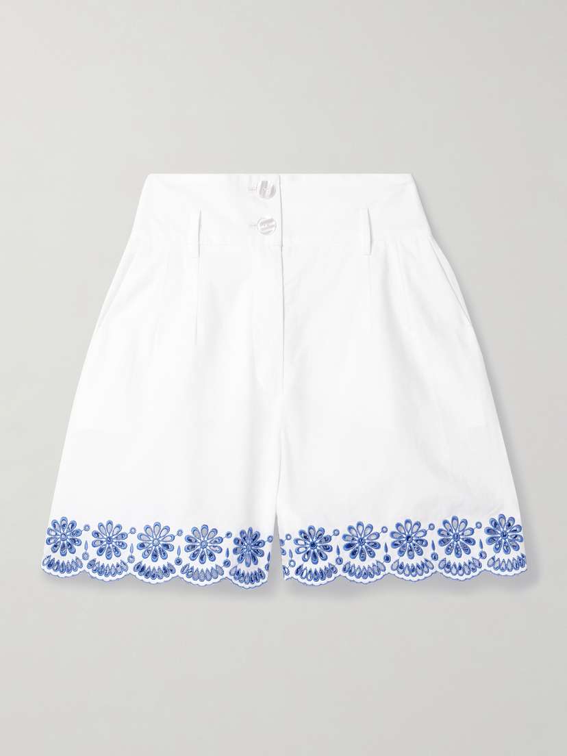 Loretta Caponi Rocchetta Broderie Anglaise-trimmed Cotton-poplin Shorts