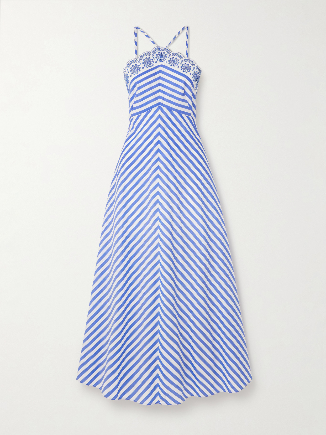 Loretta Caponi Castiglione Striped Broderie Anglaise-trimmed Cotton-poplin Midi Dress In Blue