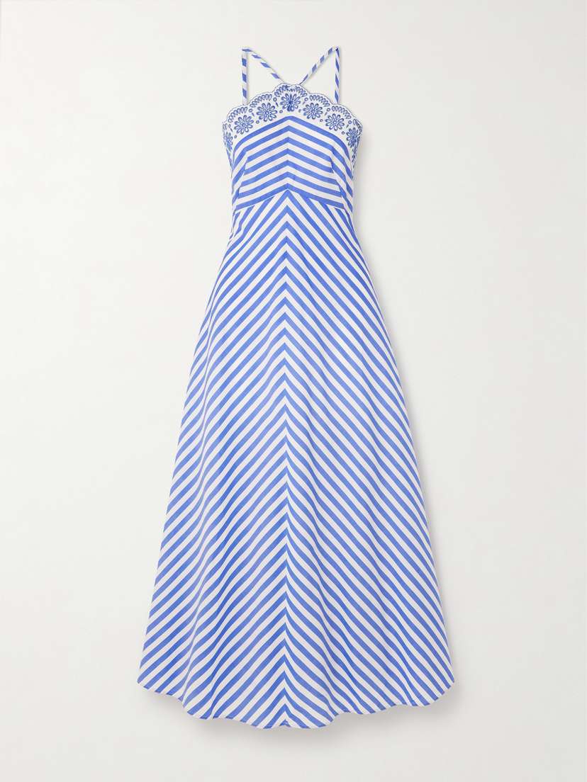 Loretta Caponi Castiglione Striped Broderie Anglaise-trimmed Cotton-poplin Midi Dress
