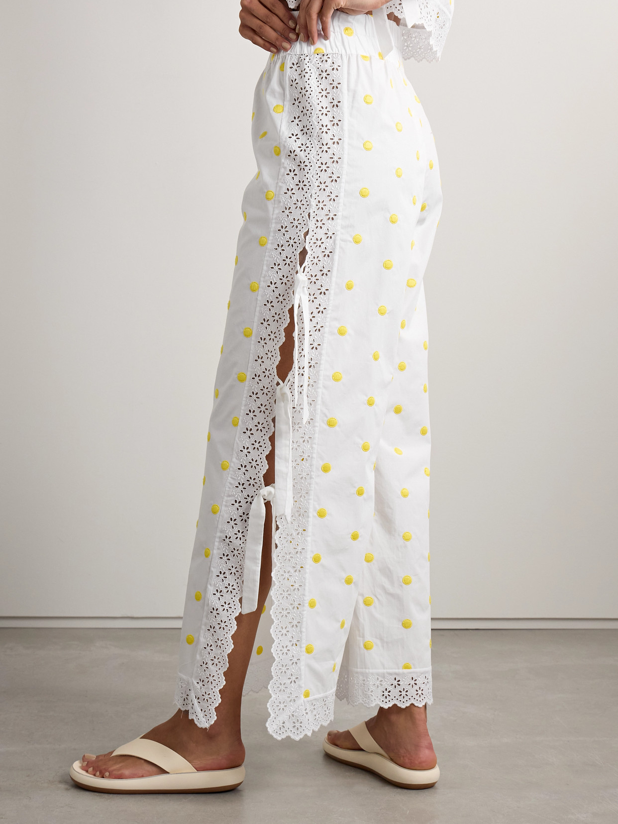 LORETTA CAPONI BRODERIE ANGLAISE-TRIMMED POLKA-DOT COTTON WIDE-LEG PANTS