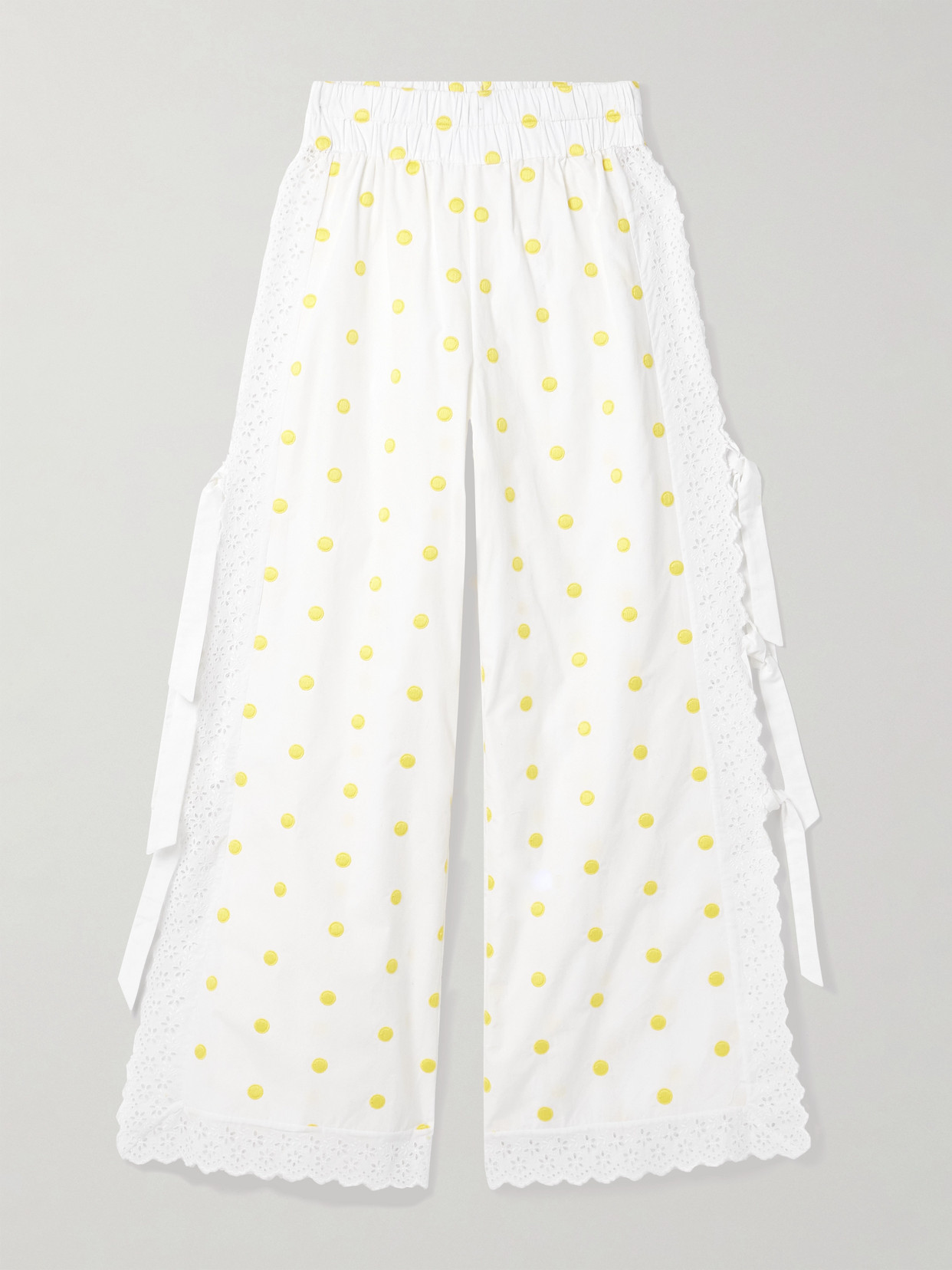 Loretta Caponi Broderie Anglaise-trimmed Polka-dot Cotton Wide-leg Pants