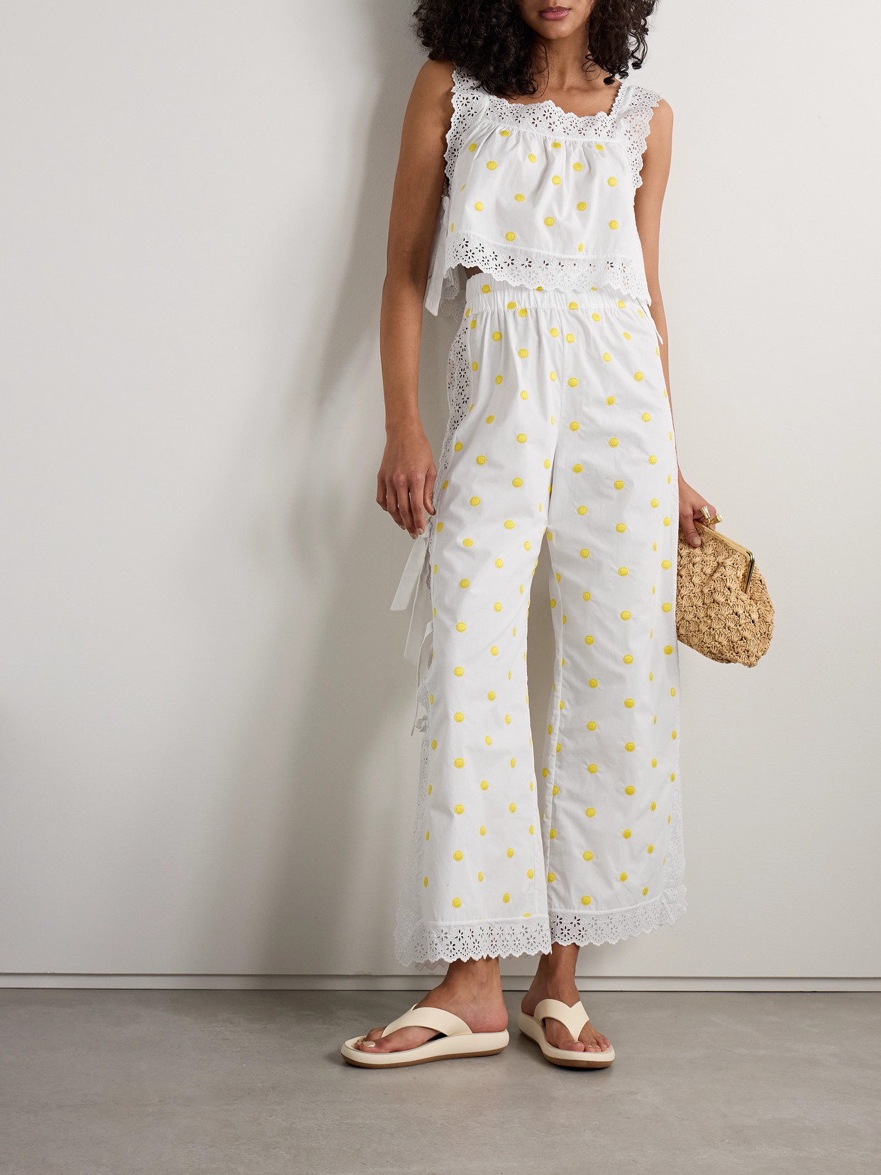 LORETTA CAPONI BRODERIE ANGLAISE-TRIMMED POLKA-DOT COTTON WIDE-LEG PANTS