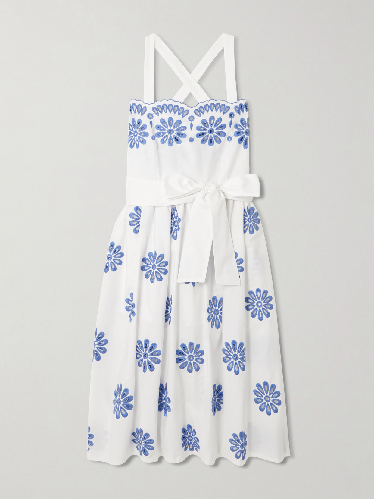 Loretta Caponi Belted Scalloped Broderie Anglaise Cotton Midi Dress