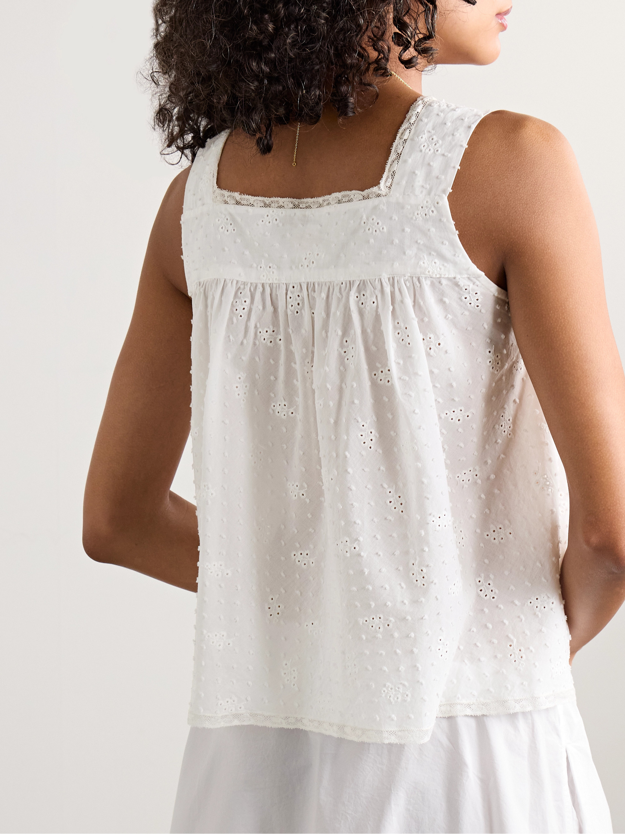 Loretta Caponi Suvereto lace-trimmed Swiss-dot and broderie anglaise cotton-voile tank