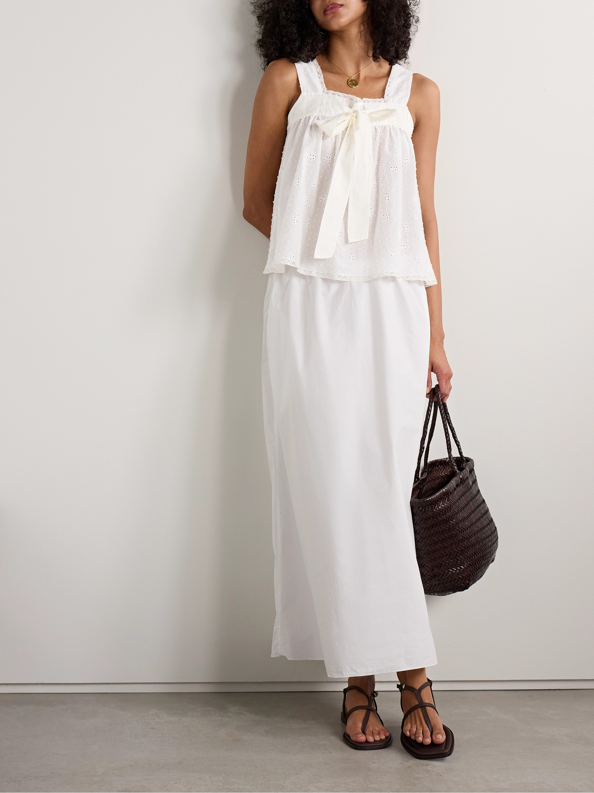 Loretta Caponi Suvereto lace-trimmed Swiss-dot and broderie anglaise cotton-voile tank