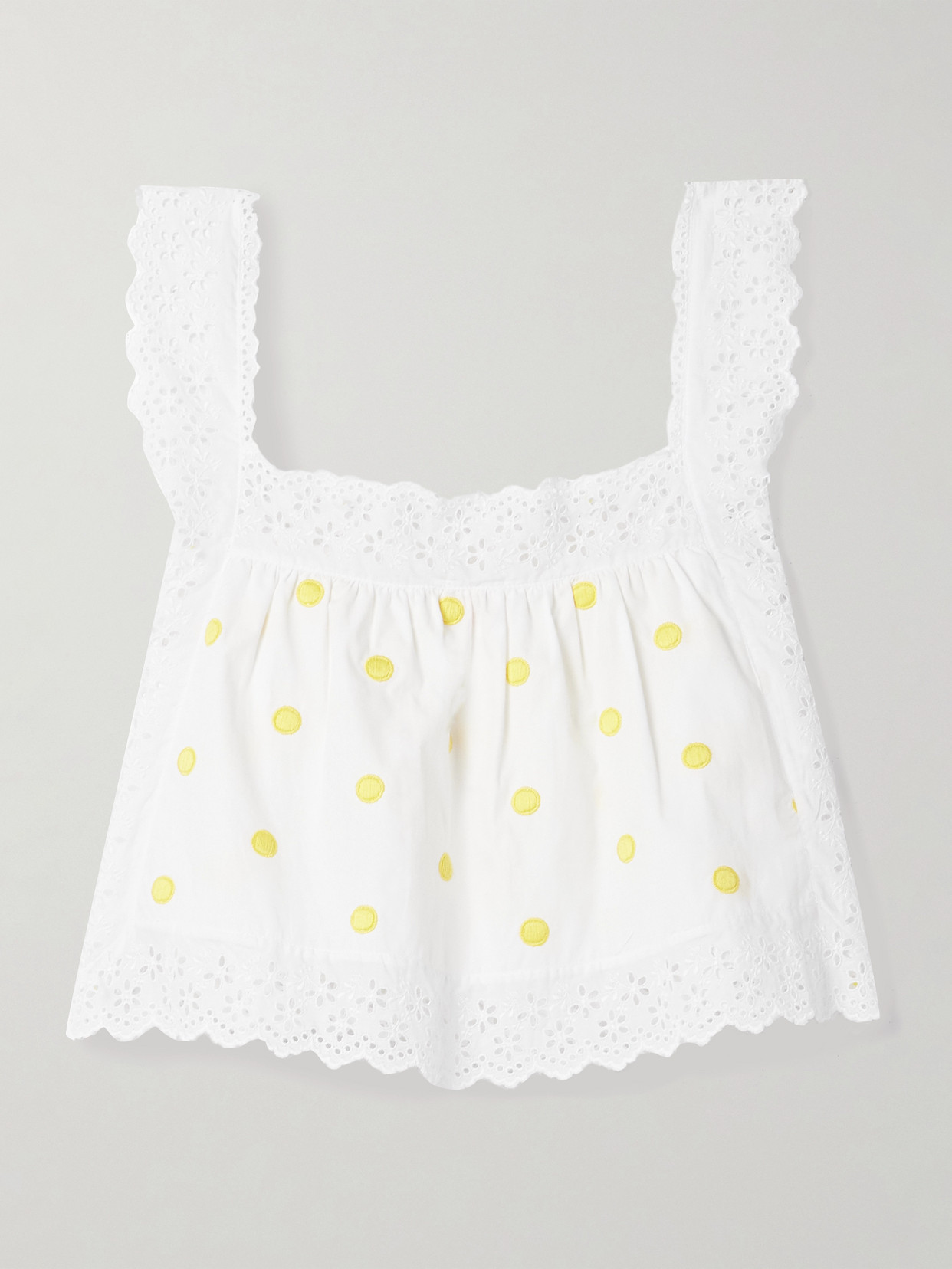 Loretta Caponi Fiocchini Broderie Anglaise-trimmed Polka-dot Cotton-poplin Top