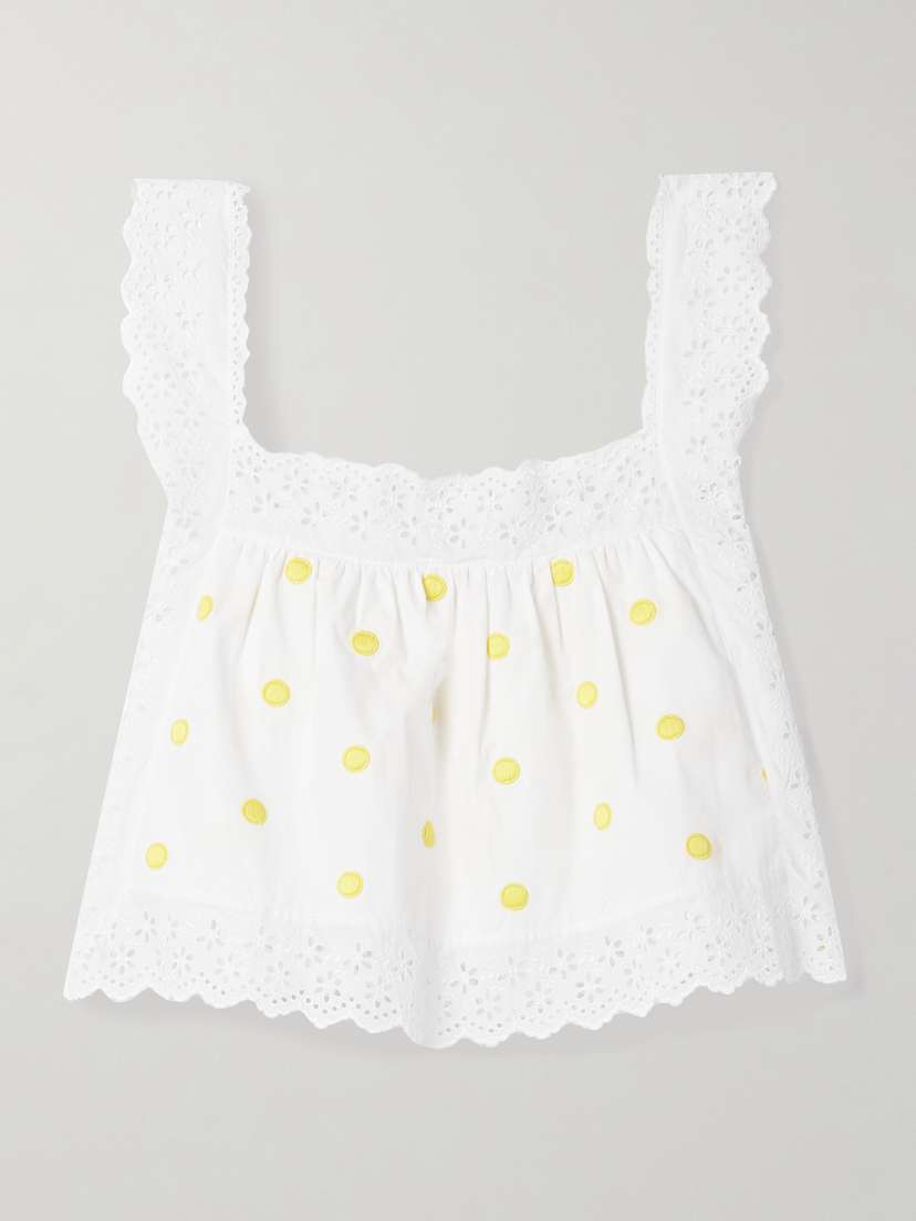 Loretta Caponi Fiocchini Broderie Anglaise-trimmed Polka-dot Cotton-poplin Top