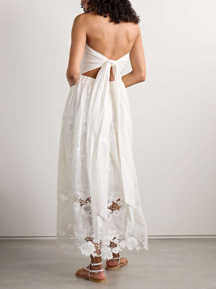 desideria strapless guipure lace-trimmed embroidered cotton-voile midi dress