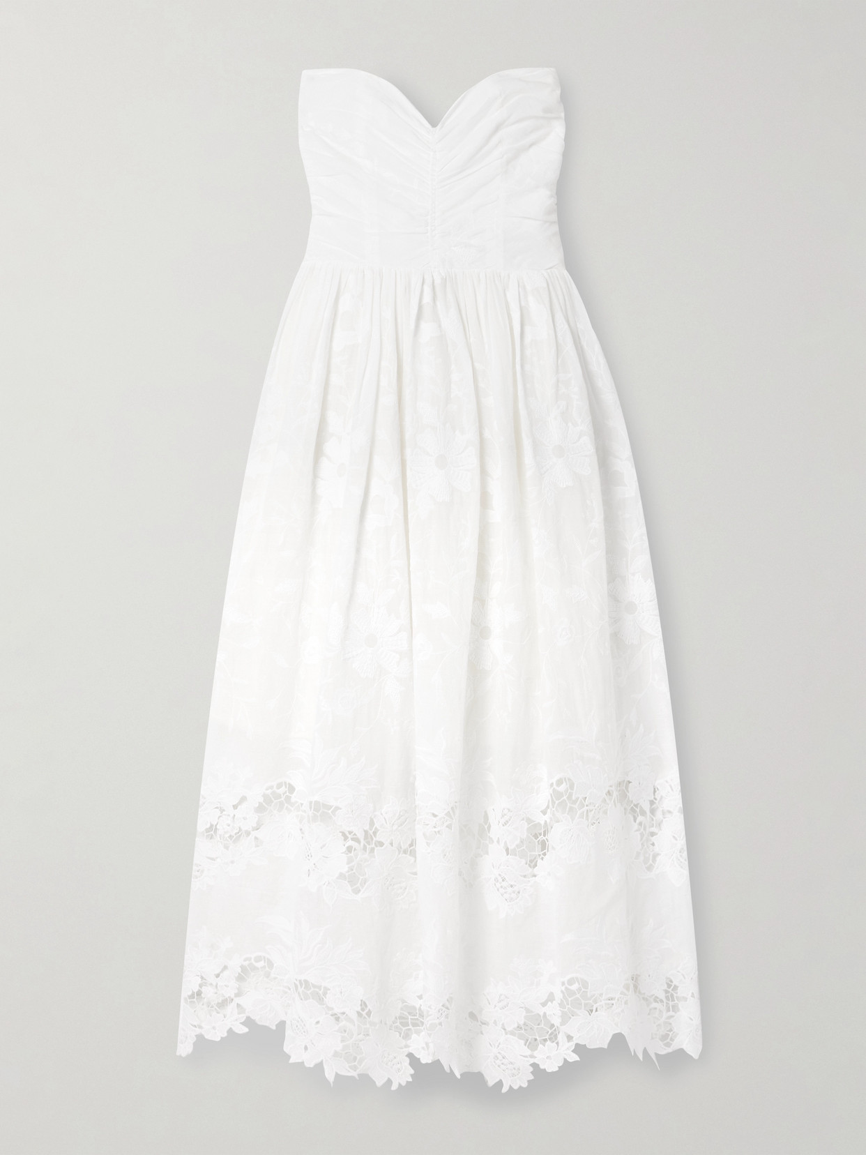 Loretta Caponi Desideria Strapless Guipure Lace-trimmed Embroidered Cotton-voile Midi Dress In White