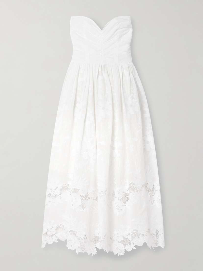 Loretta Caponi Desideria Strapless Guipure Lace-trimmed Embroidered Cotton-voile Midi Dress
