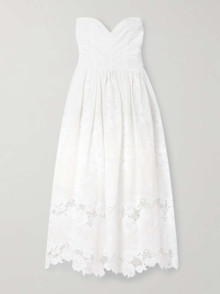 desideria strapless guipure lace-trimmed embroidered cotton-voile midi dress