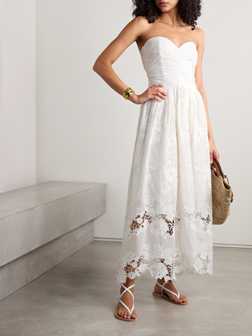 Loretta Caponi Desideria strapless guipure lace-trimmed embroidered cotton-voile midi dress