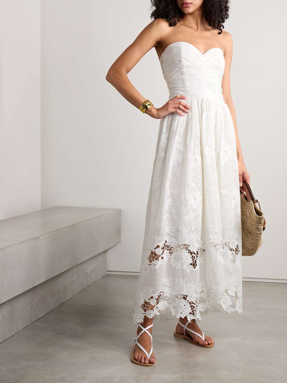 desideria strapless guipure lace-trimmed embroidered cotton-voile midi dress
