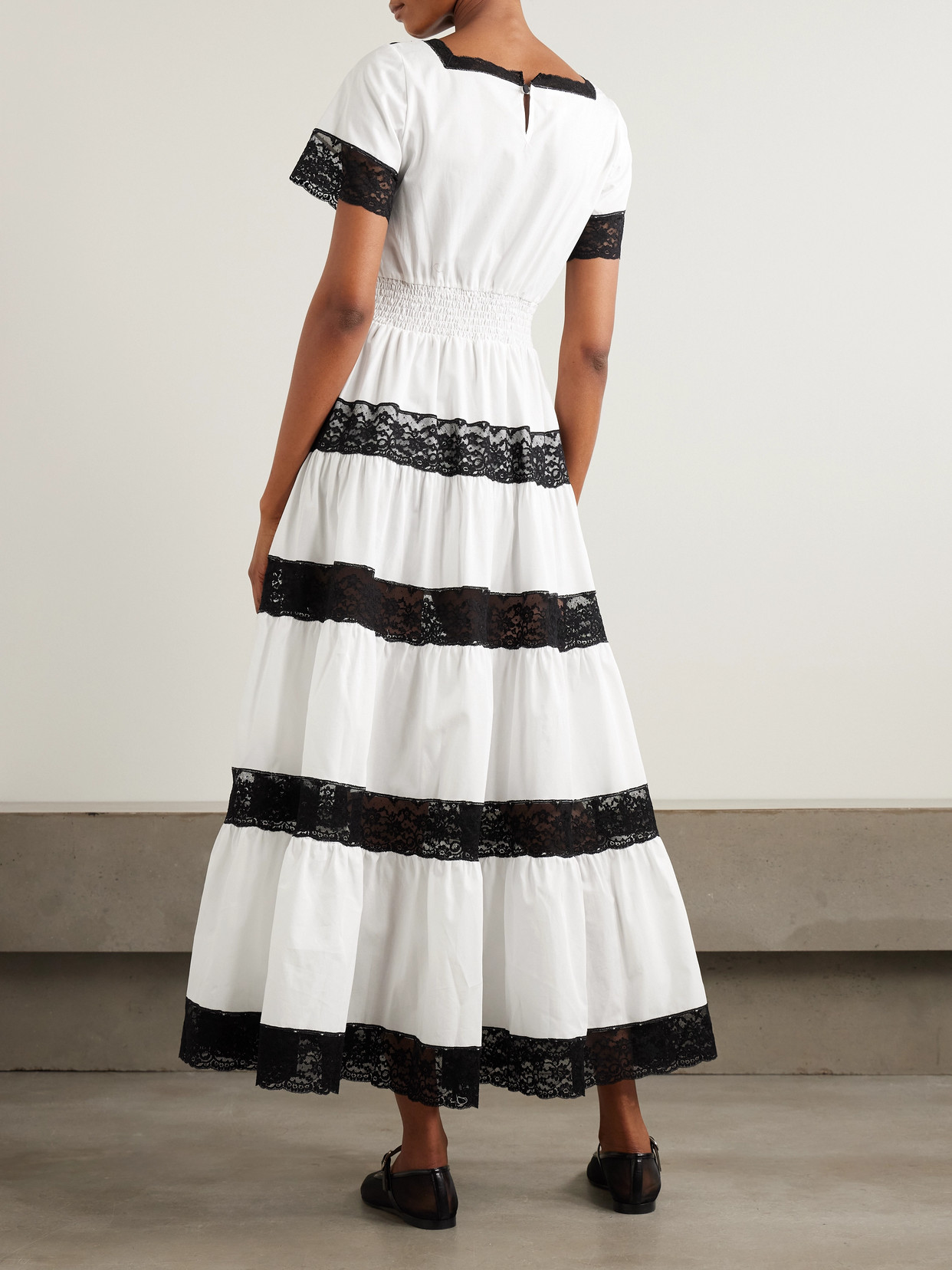 Loretta Caponi Tiered Lace-trimmed Cotton-poplin Midi Dress
