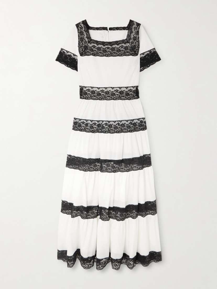 Loretta Caponi Tiered Lace-trimmed Cotton-poplin Midi Dress