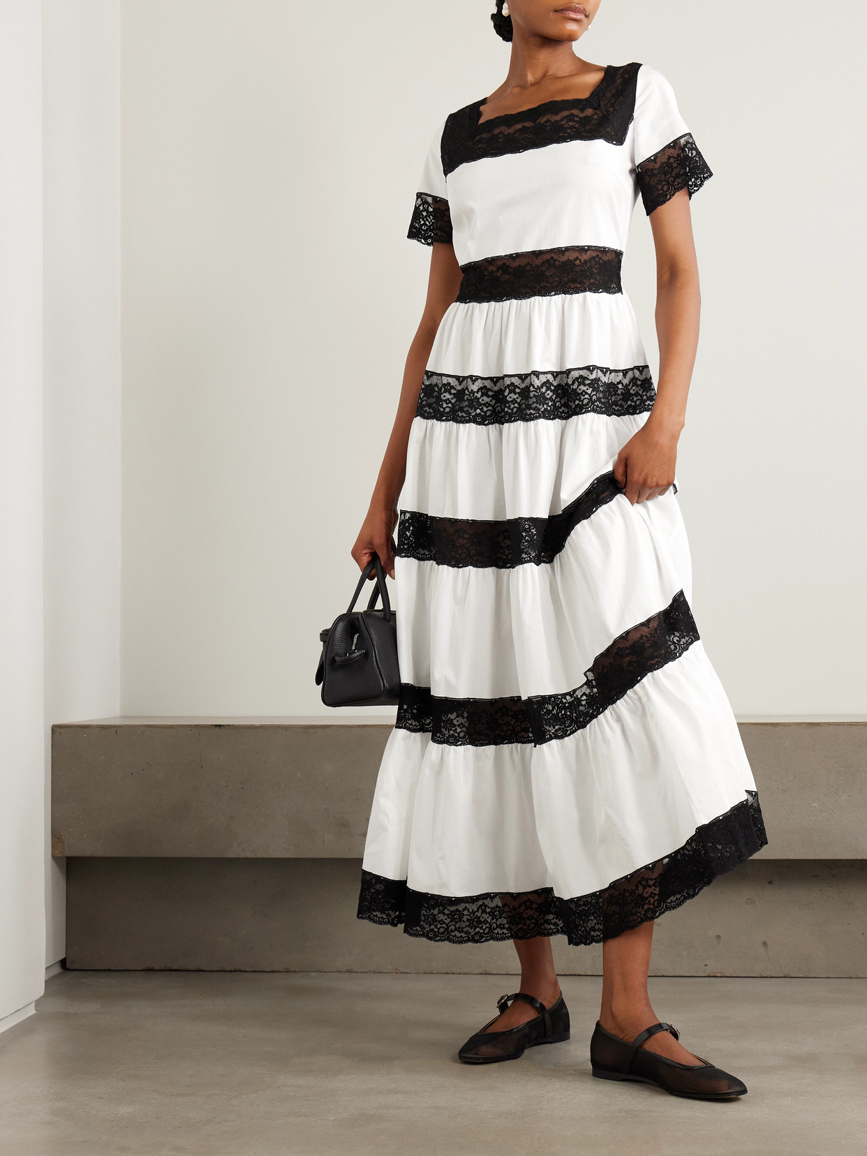 Loretta Caponi Tiered Lace-trimmed Cotton-poplin Midi Dress