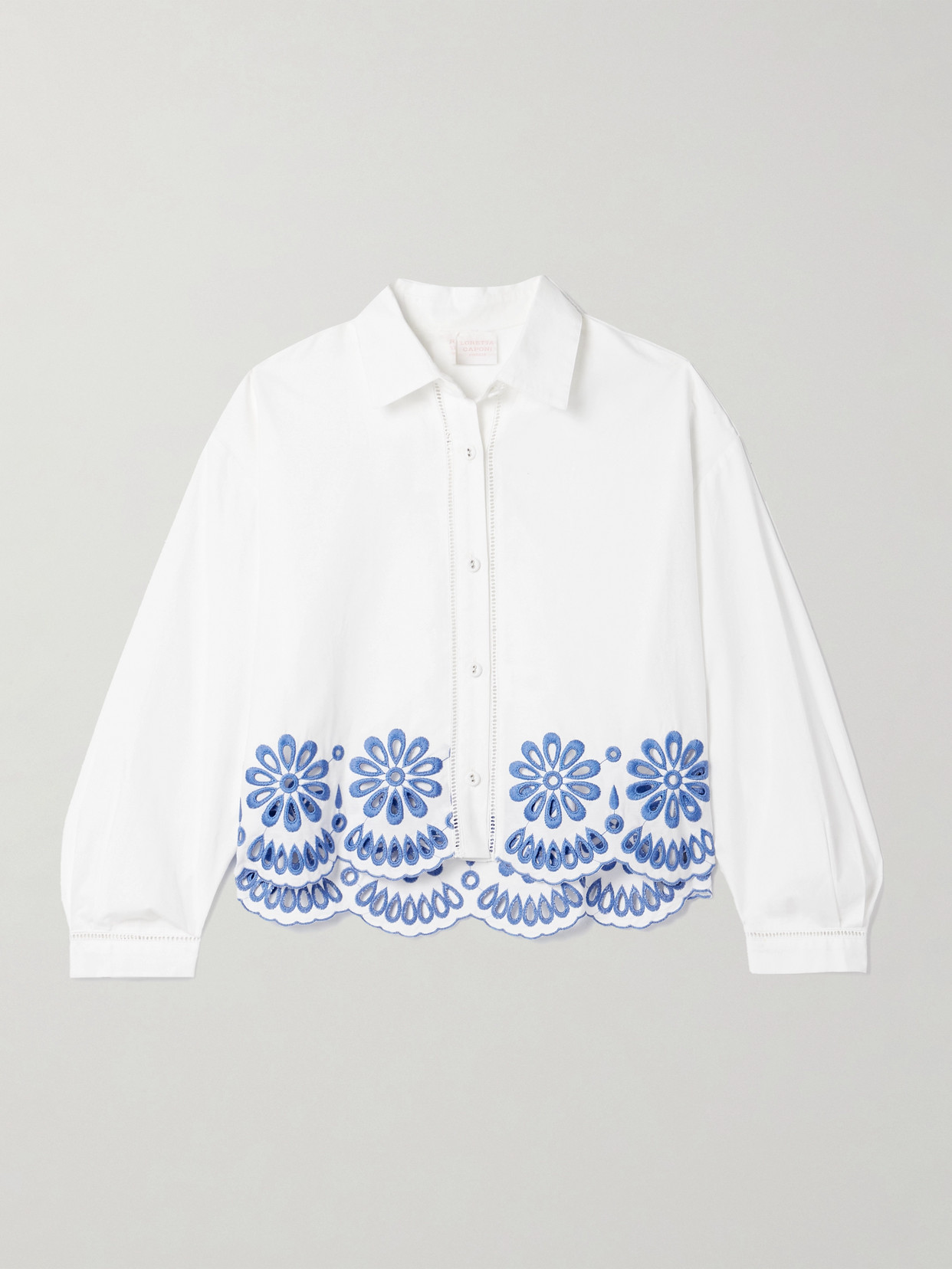 Loretta Caponi Assia Cropped Broderie Anglaise-trimmed Cotton-voile Shirt In White