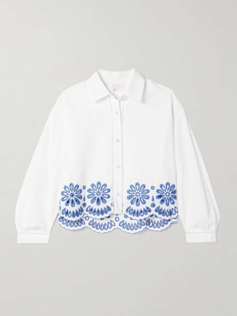 Loretta Caponi Assia Cropped Broderie Anglaise-trimmed Cotton-voile Shirt