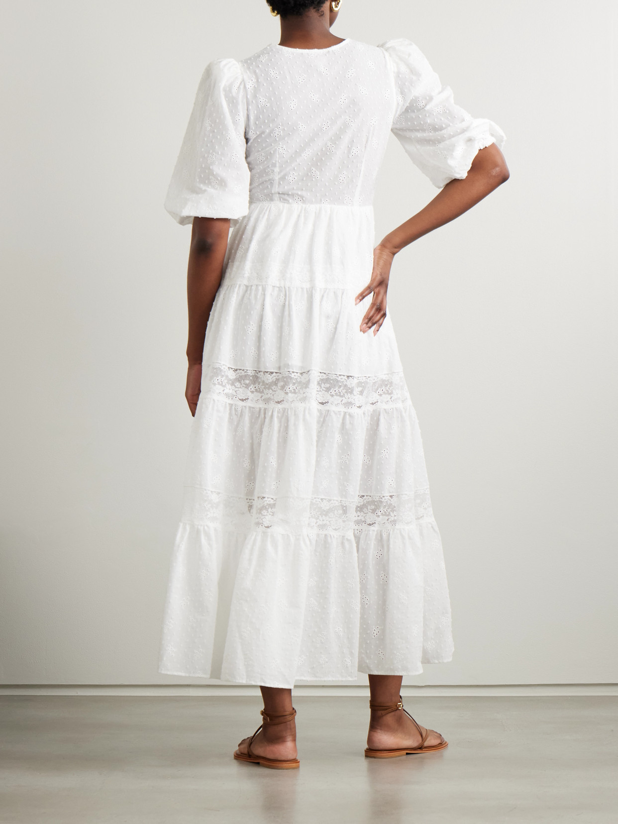 Loretta Caponi Poppi Lace-trimmed Tiered Broderie Anglaise Cotton Maxi Dress In White