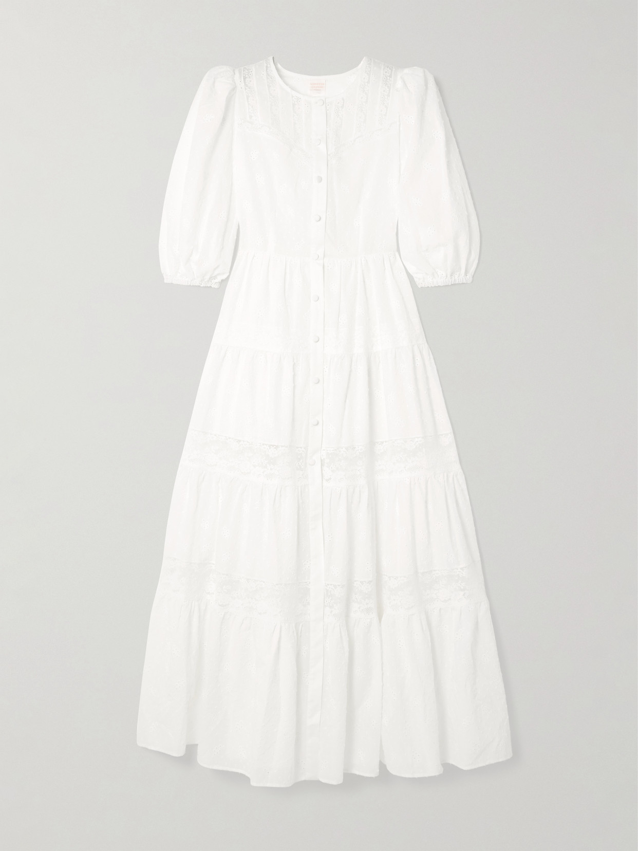 Loretta Caponi Poppi Lace-trimmed Tiered Broderie Anglaise Cotton Maxi Dress In White
