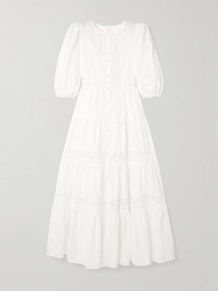 Loretta Caponi Poppi Lace-trimmed Tiered Broderie Anglaise Cotton Maxi Dress