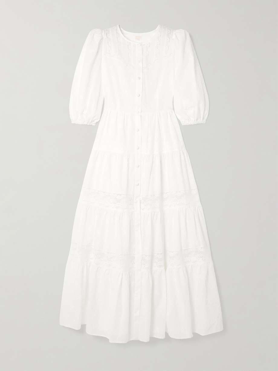 poppi lace-trimmed tiered broderie anglaise cotton maxi dress