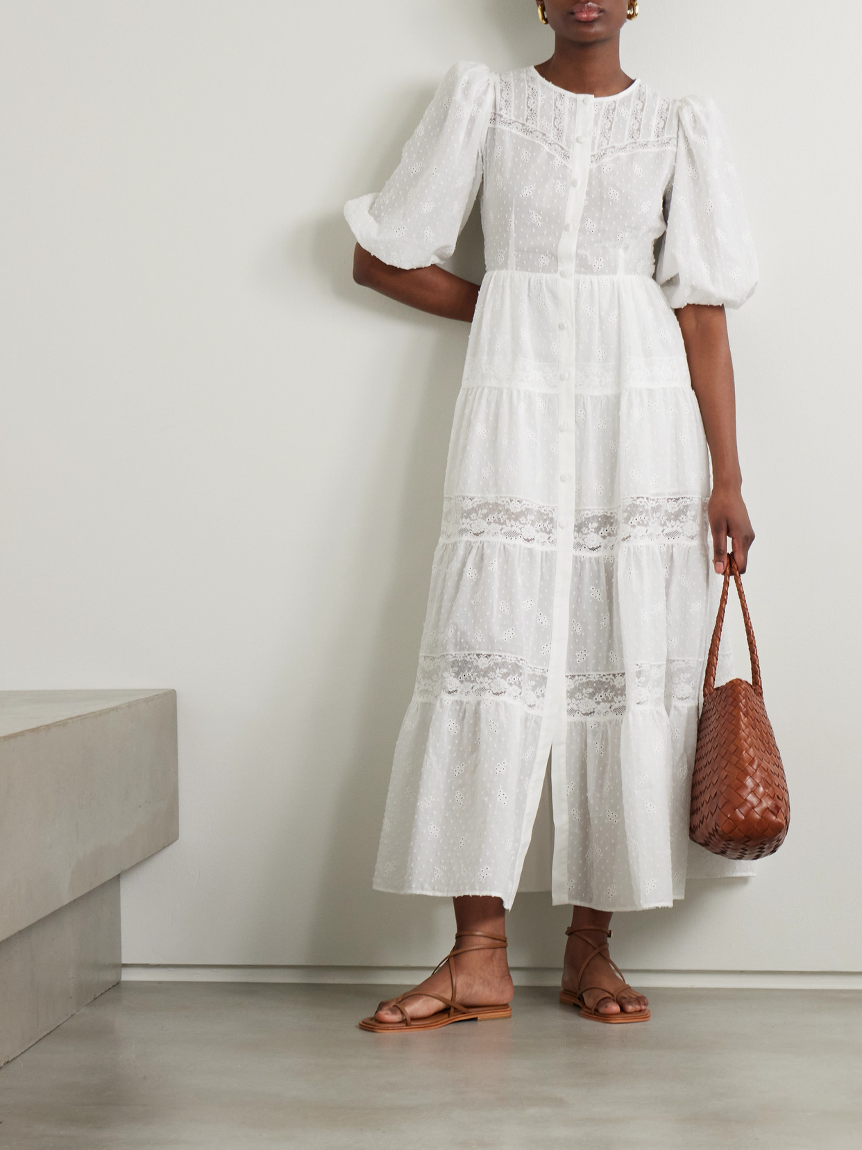 Loretta Caponi Poppi Lace-trimmed Tiered Broderie Anglaise Cotton Maxi Dress In White