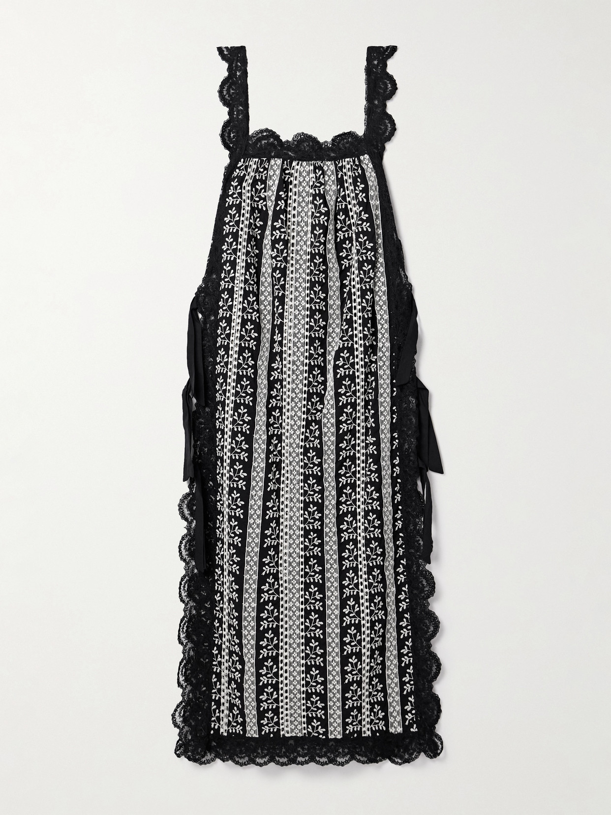 Loretta Caponi Fiocchini Lace-trimmed Embroidered Cotton-voile Midi Dress In Black