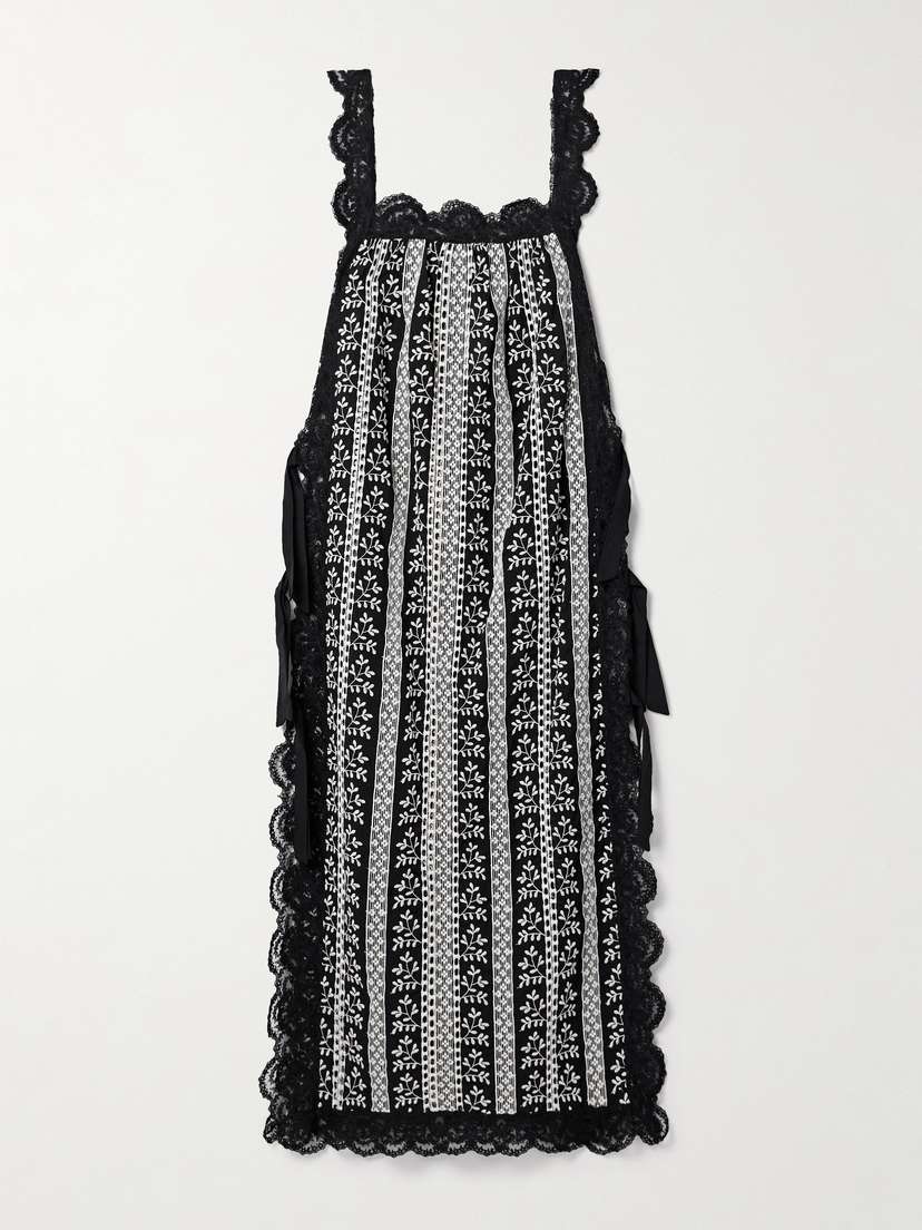 Loretta Caponi Fiocchini Lace-trimmed Embroidered Cotton-voile Midi Dress