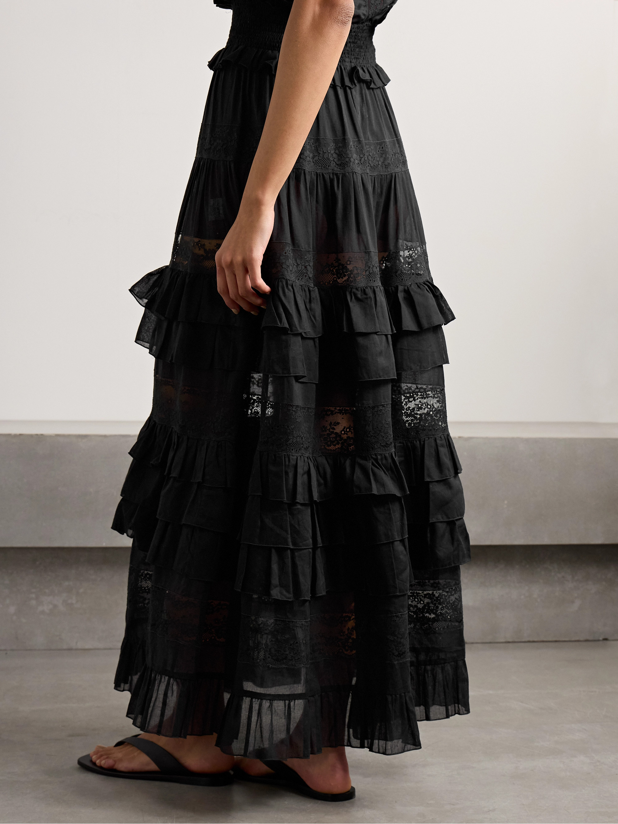 Loretta Caponi Tina tiered ruffled lace-trimmed cotton-voile maxi skirt thumbnail