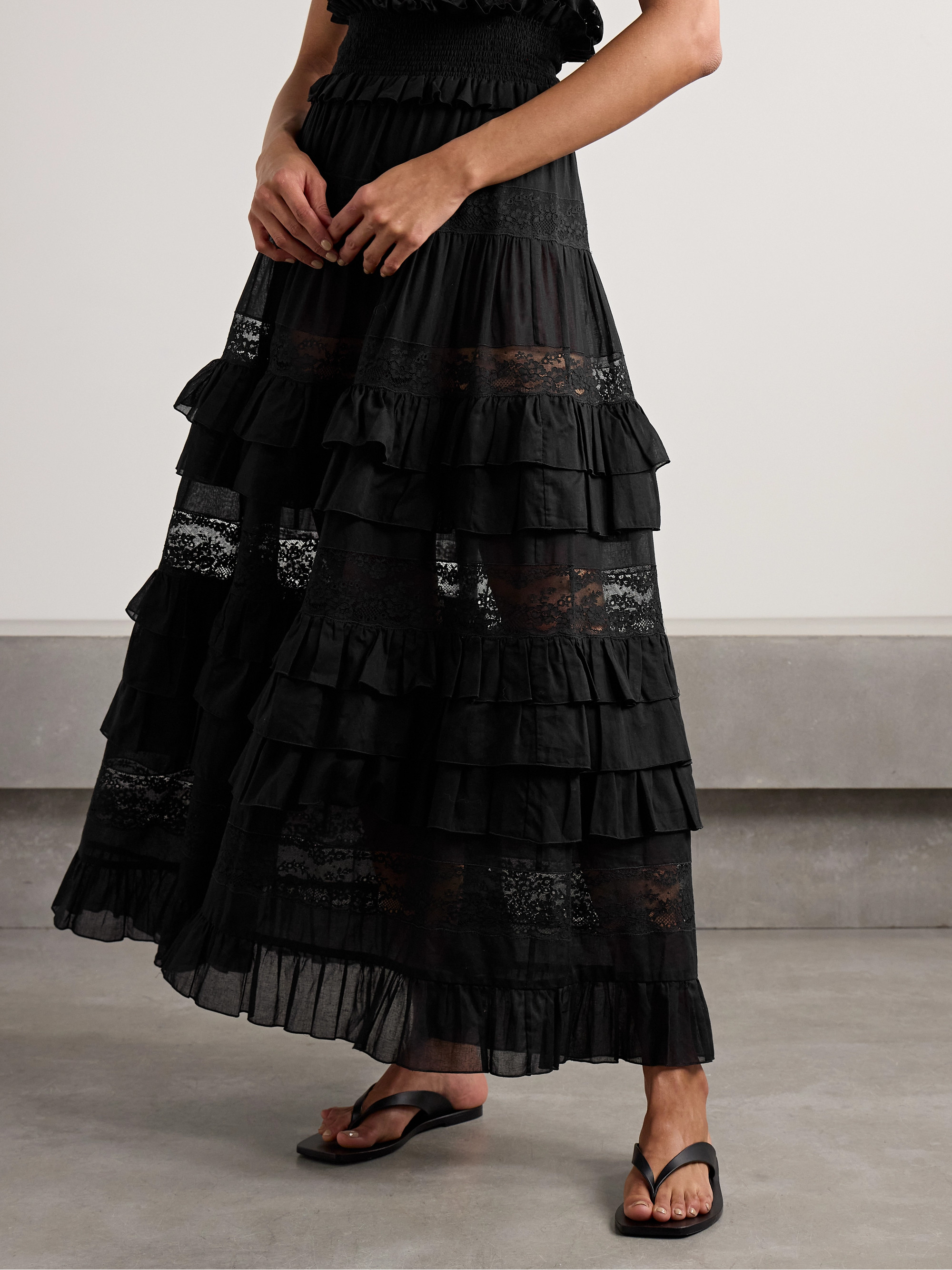Loretta Caponi Tina tiered ruffled lace-trimmed cotton-voile maxi skirt