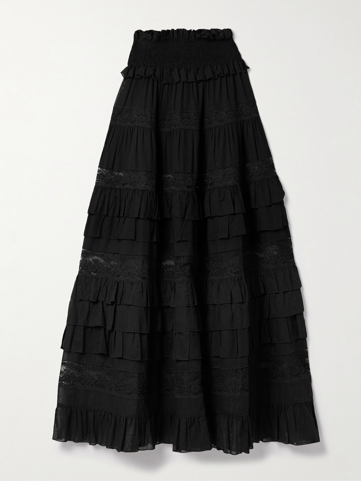 Loretta Caponi - Tina Tiered Ruffled Lace-trimmed Cotton-voile Maxi Skirt - Black