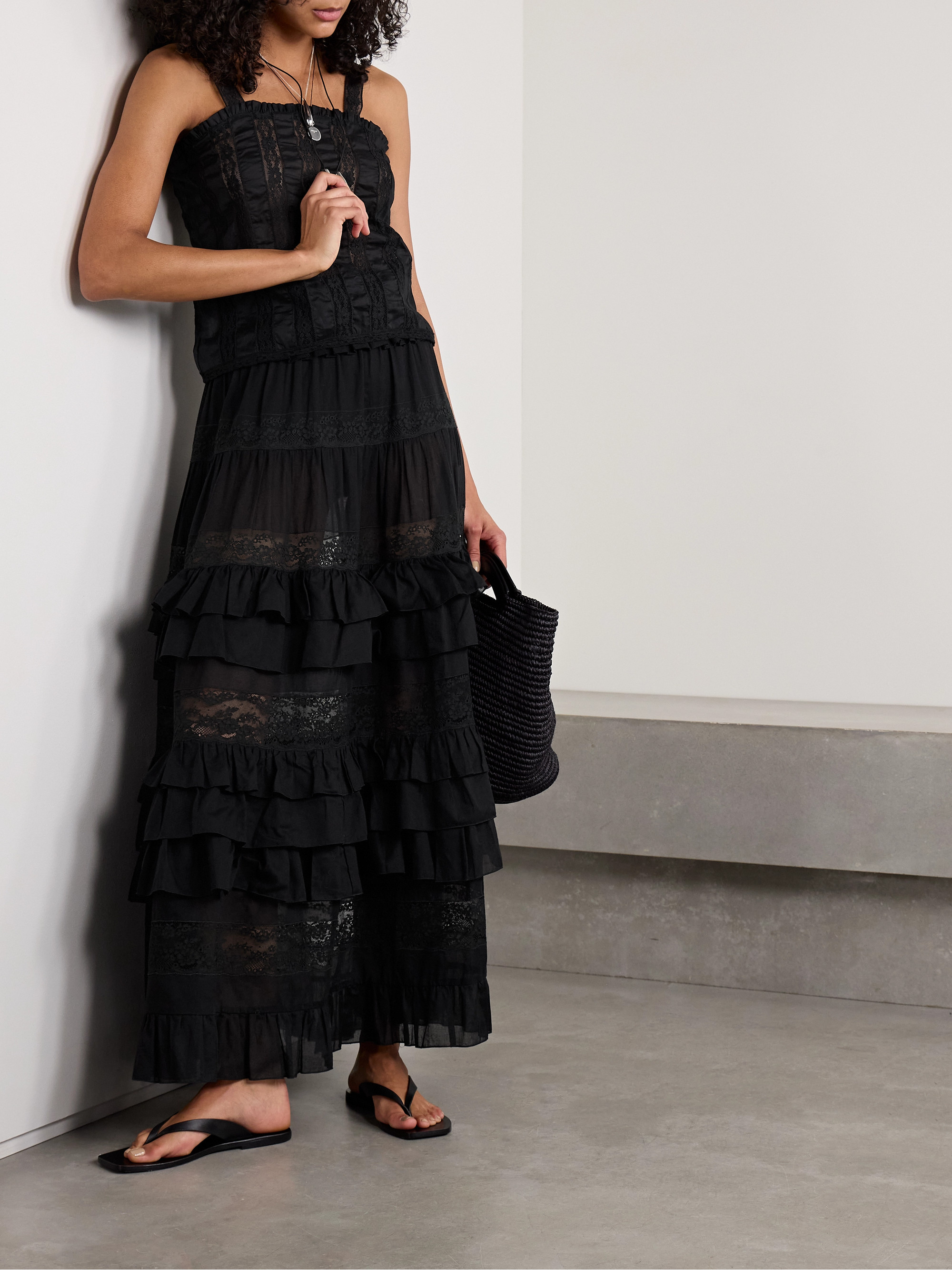Loretta Caponi Tina tiered ruffled lace-trimmed cotton-voile maxi skirt thumbnail